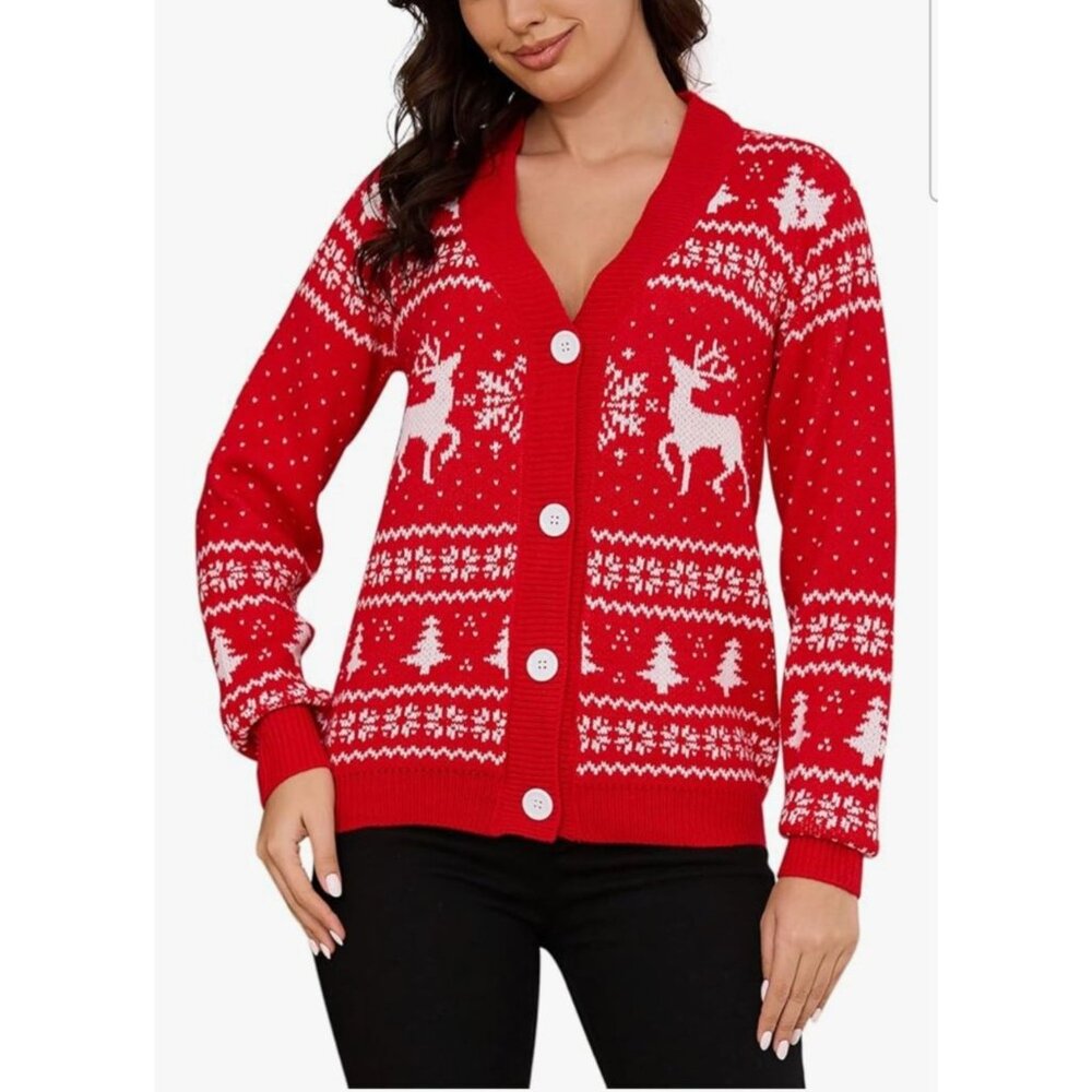 Alyweatry Womens Christmas Cardigan Sweater Red V-Neck Button Down Knit Festive